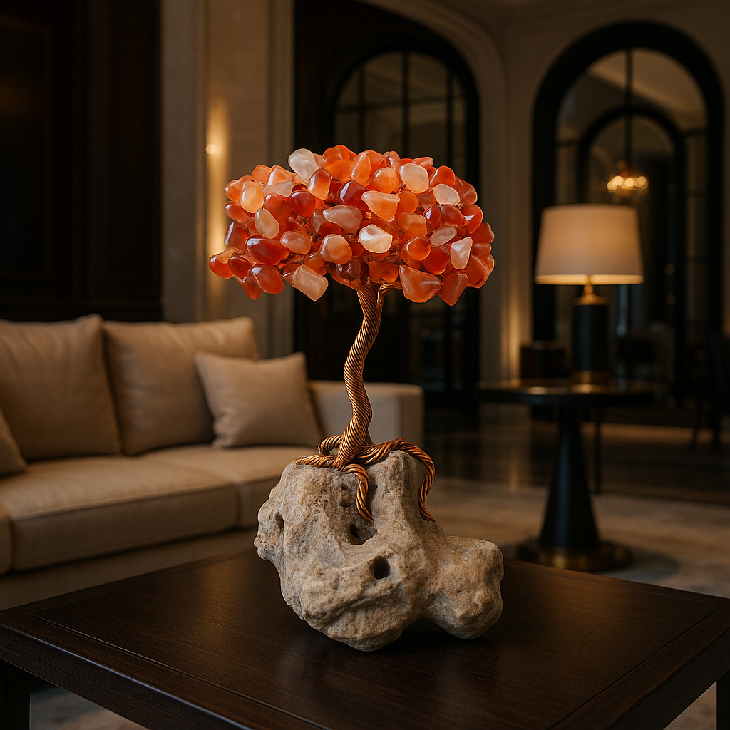Tree of Life sculpture, carnelian gemstone tree, natural crystal tree, copper wire bonsai, luxury gemstone décor, handcrafted crystal art, healing crystal tree, unique spiritual gift, mineral base from Rhodope Mountains, Australian carnelian stones, luxury energy decoration, feng shui home décor, gemstone art sculpture, one-of-a-kind crystal tree