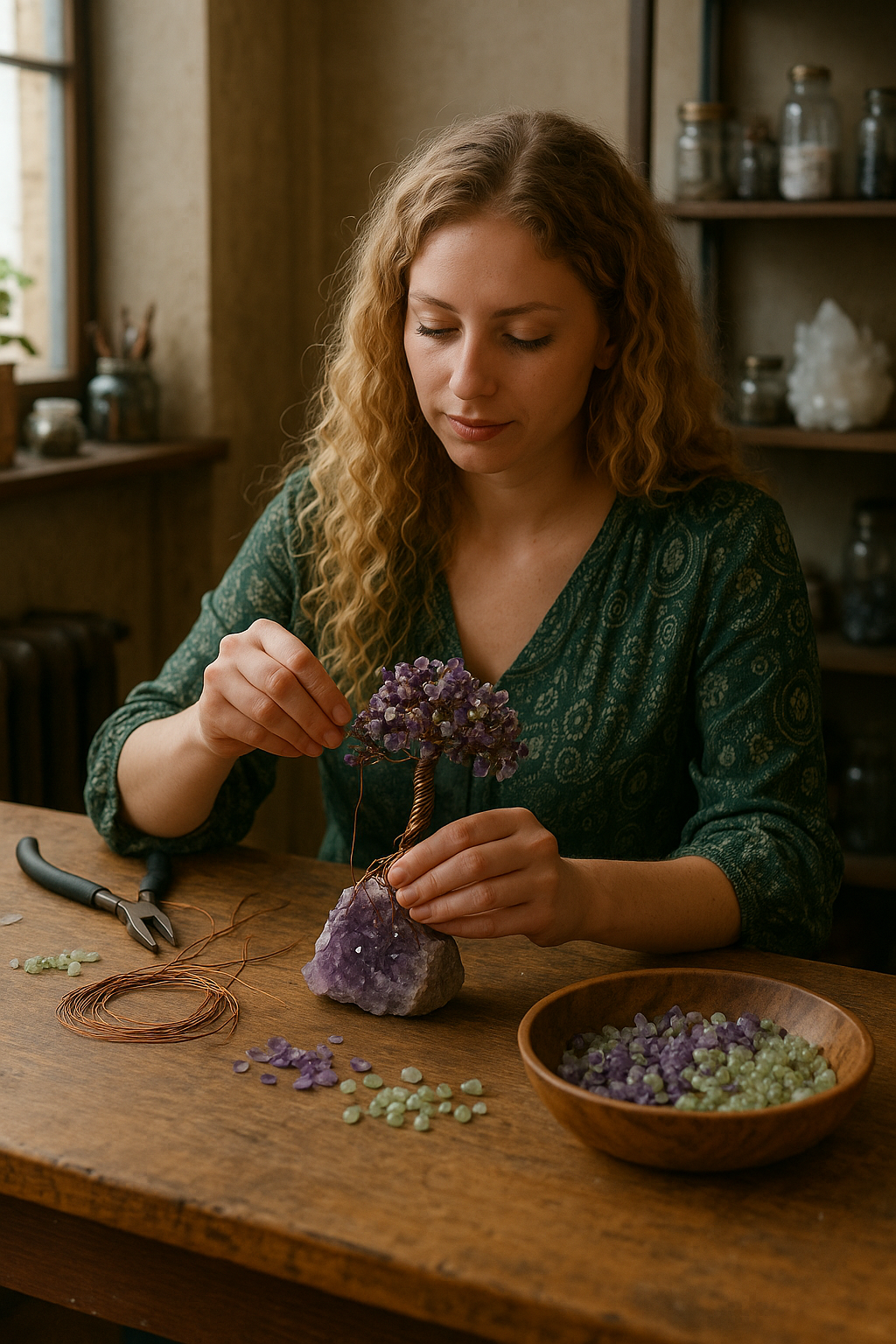 Artisan handcrafting the Crystal Tree of Life with meticulous attention to detail and positive energy