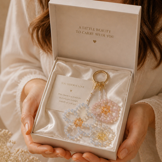 Handmade gemstone bag charm with moonstone and rose quartz in elegant gift box for self love and healing