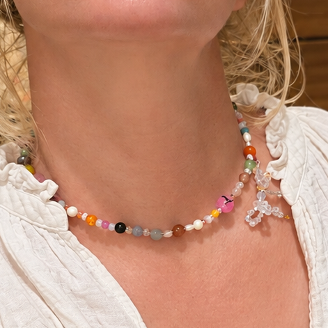 Colorful girls necklace with natural gemstones pearls and Swarovski crystals