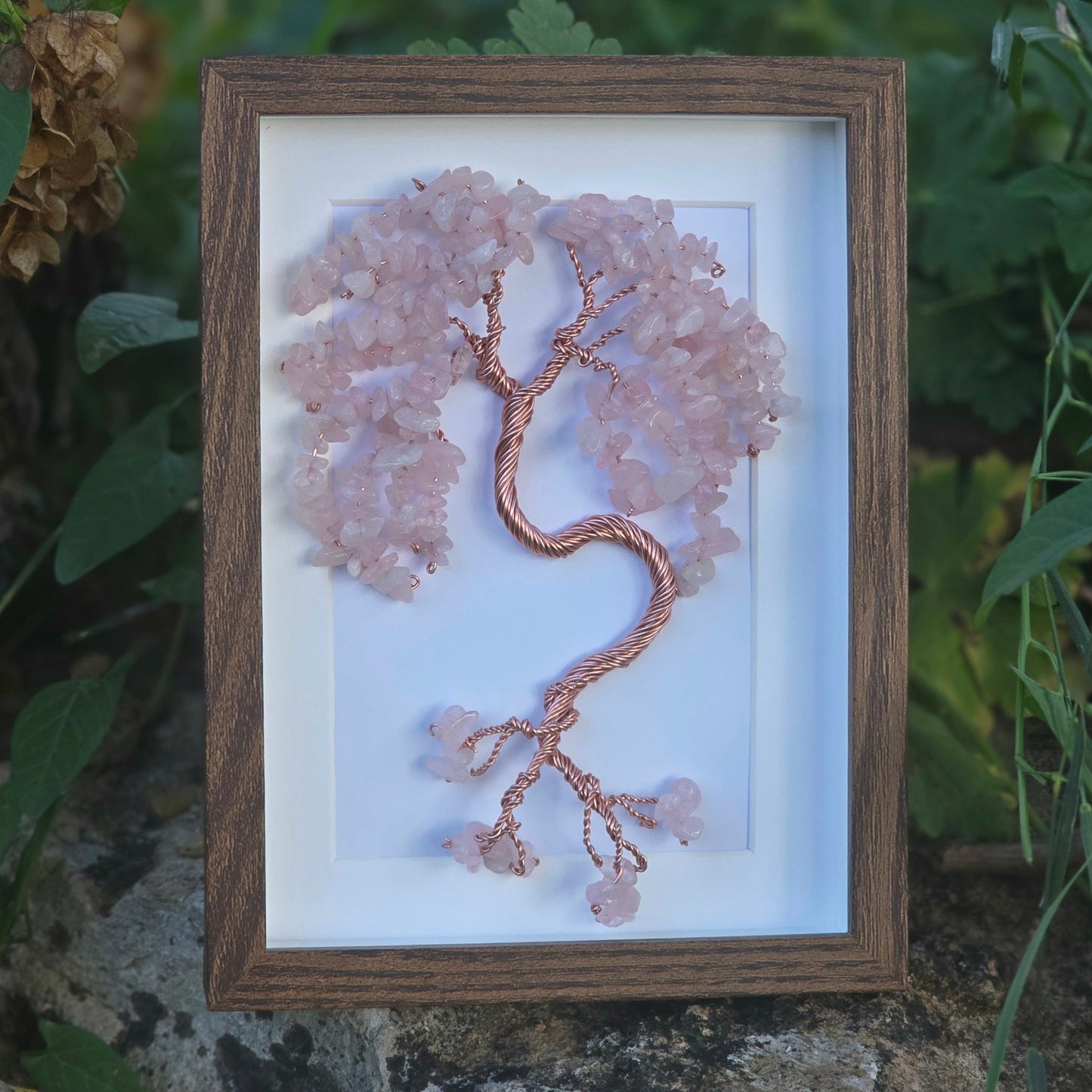 Framed Rose Quartz Crystal Tree of Life Artwork – Handmade Gemstone Wall Decor for Modern Home Interior