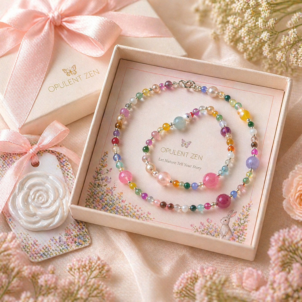 Gemstone gift set for girls with necklace and ceramic rose, meaningful gift for daughter