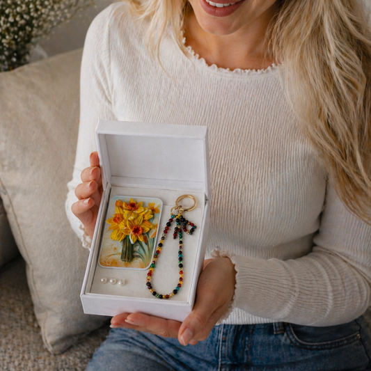 woman holding open crystal gift box with handmade gemstone jewelry set, luxury gift for her, meaningful crystal gift, elegant white box