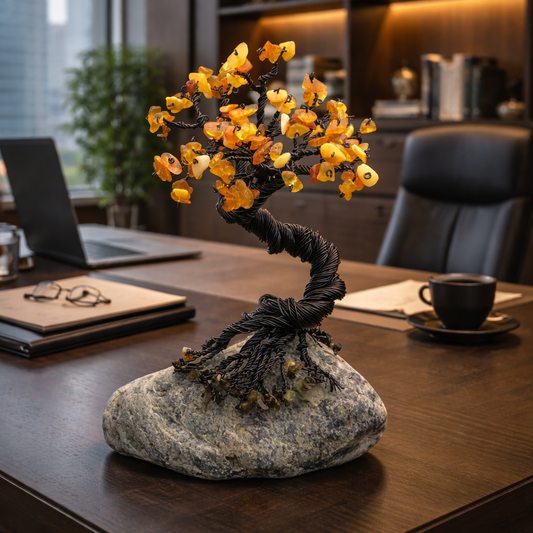 handmade amber gemstone tree with twisted wire trunk and natural stone base