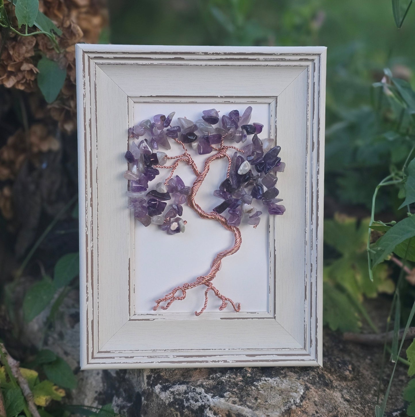 Handmade Amethyst Tree of Life Wall Art in Wooden Frame – Crystal Tree Sculpture for Elegant Home Decor