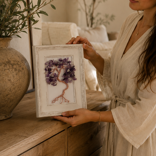 Luxury Amethyst Tree of Life Wall Sculpture – Handmade Crystal Artwork in Wooden Frame