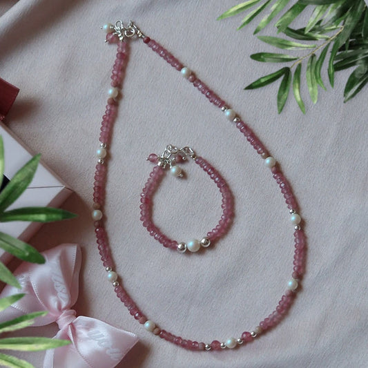 Pink tourmaline and pearl jewelry set for girls – necklace and bracelet