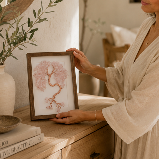 Luxury Rose Quartz Tree of Life Wall Sculpture – Handmade Crystal Artwork in Wooden Frame