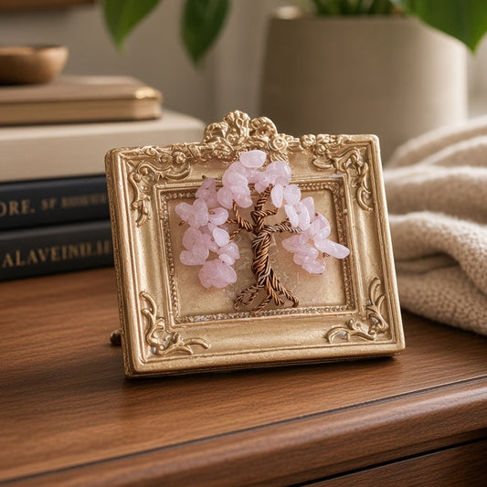 Miniature Rose Quartz gemstone tree in handcrafted artisan frame