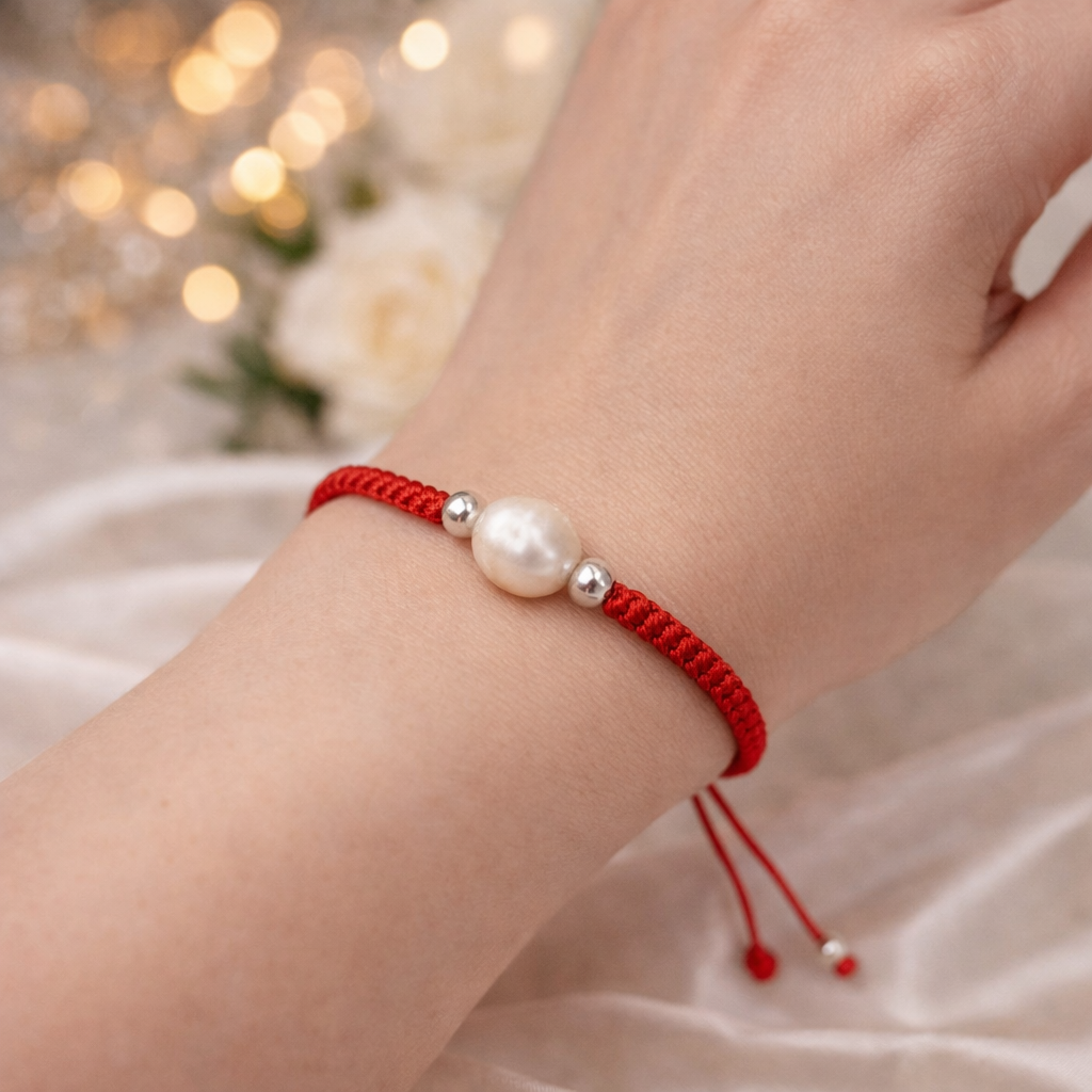 Red string bracelet with natural pearl worn on wrist, spiritual protection jewelry