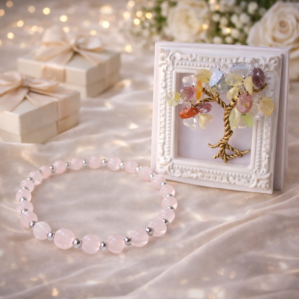 Love crystal gift set with rose quartz bracelet and Tree of Life talisman