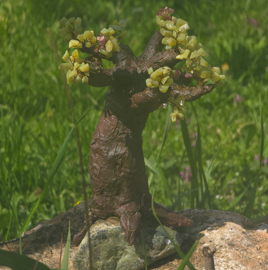 One of a kind handmade Peridot Tree of Life sculpture with natural gemstones, copper wire trunk and stone base – luxury crystal home decor