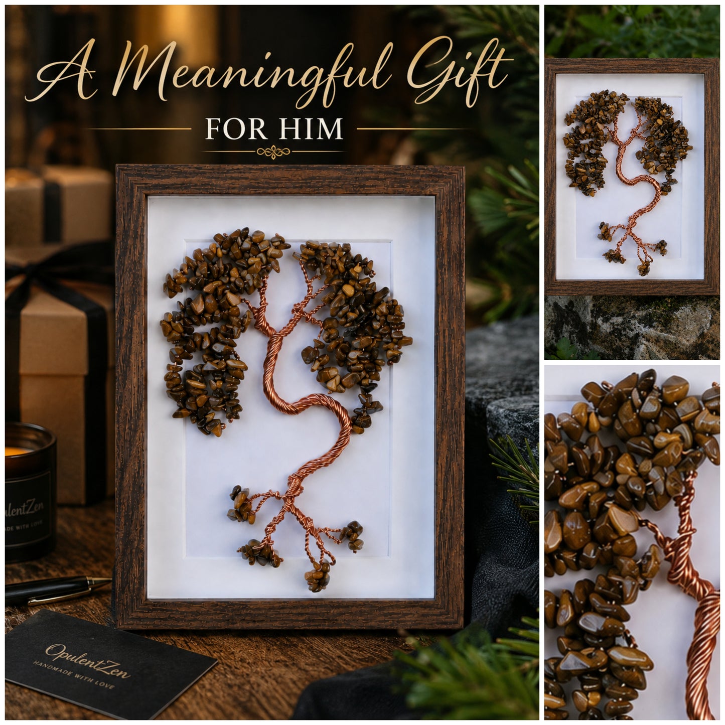 Tiger Eye Tree of Life handmade gemstone wall décor in wooden frame – unique gift for husband, dad or man
