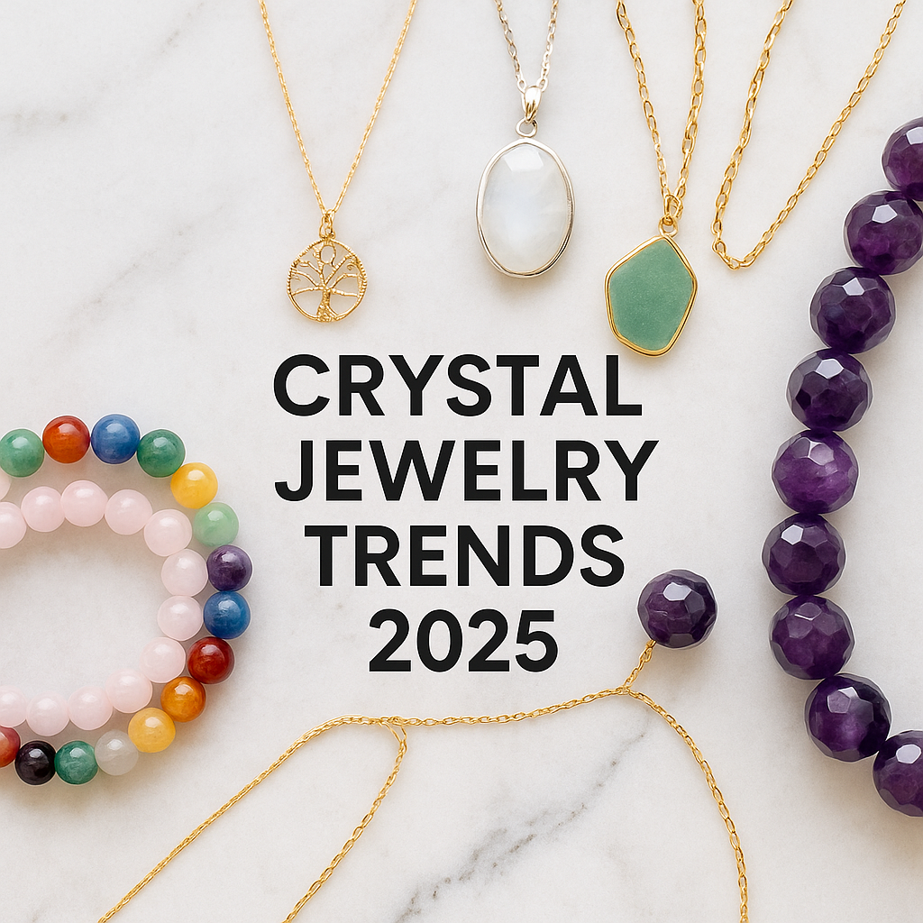 A showcase of 2025 crystal jewelry trends: layered gemstone bracelets, mixed-metal crystal necklaces, and bold statement pieces arranged on a marble surface