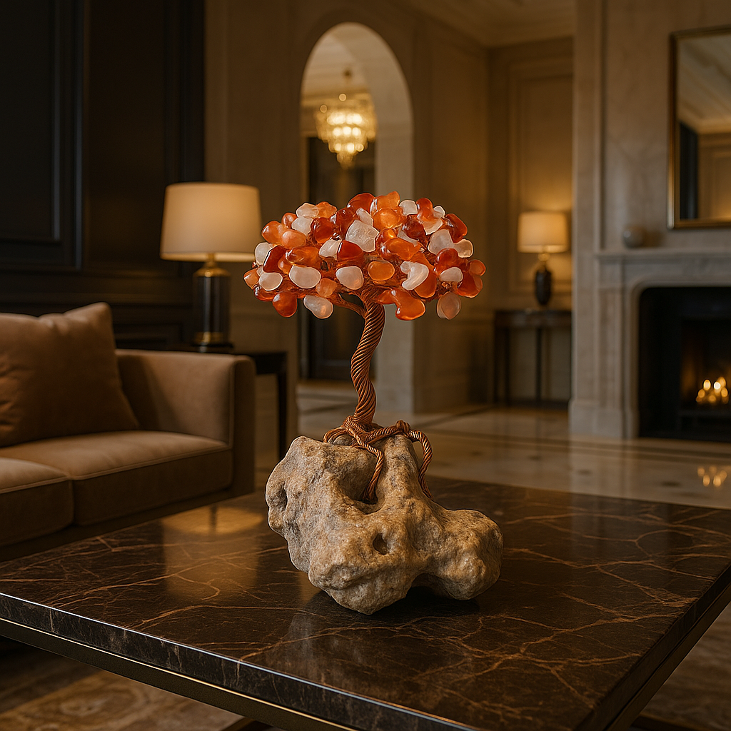 Tree of Life sculpture, carnelian gemstone tree, natural crystal tree, copper wire bonsai, luxury gemstone décor, handcrafted crystal art, healing crystal tree, unique spiritual gift, mineral base from Rhodope Mountains, Australian carnelian stones, luxury energy decoration, feng shui home décor, gemstone art sculpture, one-of-a-kind crystal tree