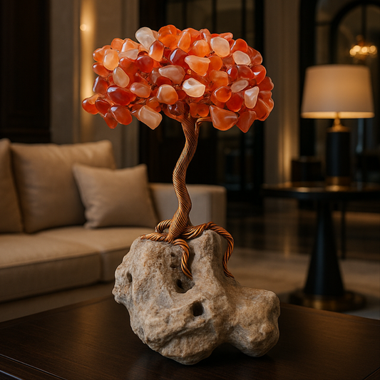 Tree of Life sculpture, carnelian gemstone tree, natural crystal tree, copper wire bonsai, luxury gemstone décor, handcrafted crystal art, healing crystal tree, unique spiritual gift, mineral base from Rhodope Mountains, Australian carnelian stones, luxury energy decoration, feng shui home décor, gemstone art sculpture, one-of-a-kind crystal tree