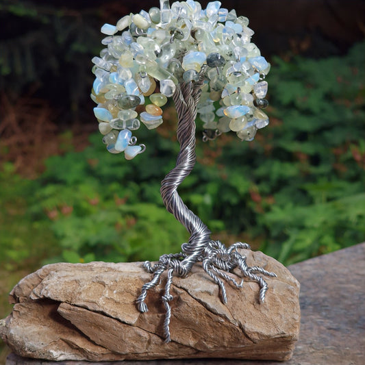 Crystal Tree with Moonstone & Quartz – Intuitive Energy Decor for Zen Living, Energy Crystal Tree for Zen Home Decor, Unique Crystal Tree Sculpture for Home or Office, Handmade Tree of Life with Semi-Precious Stones