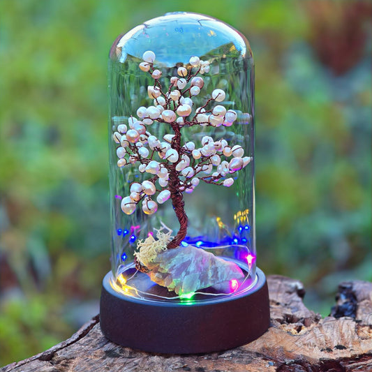 Pearl Tree of Life sculpture with natural pearls in glass dome

