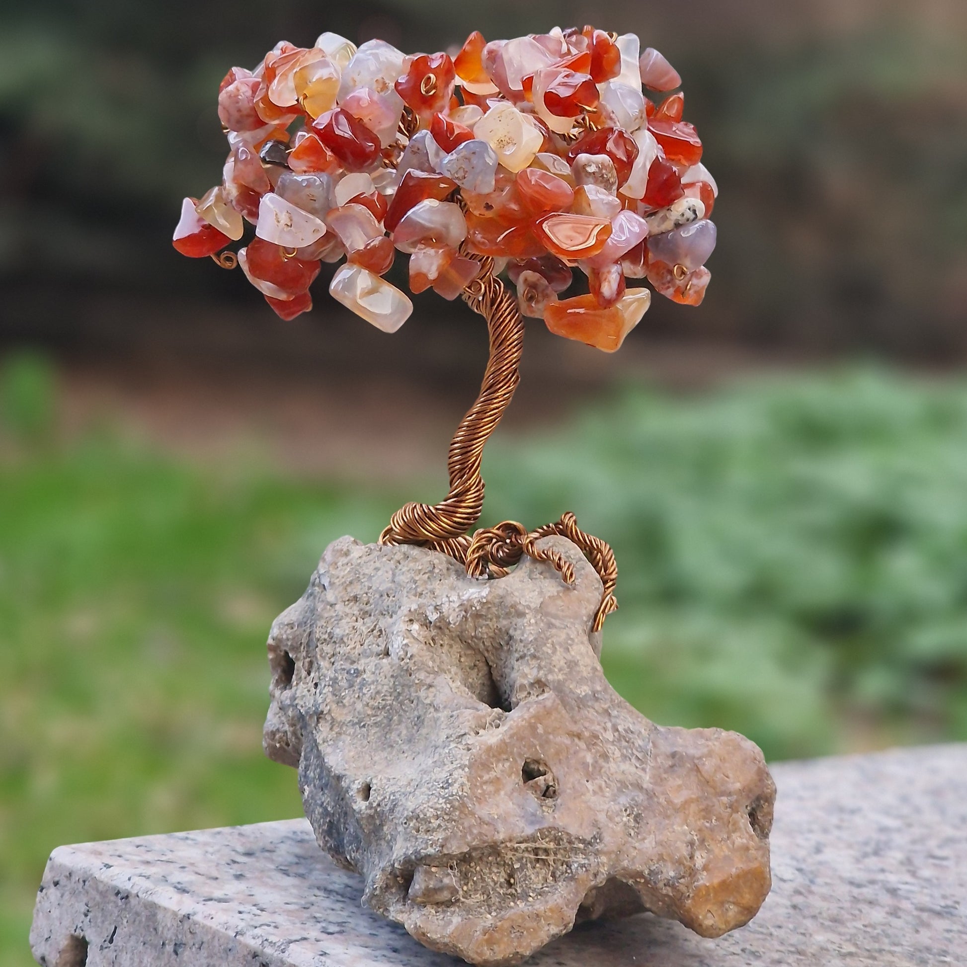 Tree of Life sculpture, carnelian gemstone tree, natural crystal tree, copper wire bonsai, luxury gemstone décor, handcrafted crystal art, healing crystal tree, unique spiritual gift, mineral base from Rhodope Mountains, Australian carnelian stones, luxury energy decoration, feng shui home décor, gemstone art sculpture, one-of-a-kind crystal tree