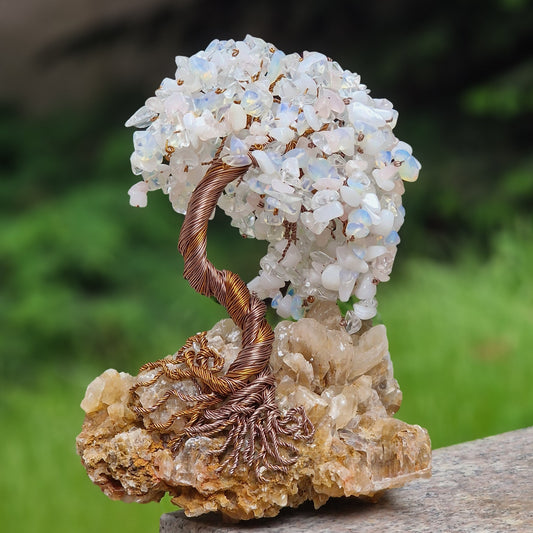 Handcrafted Crystal Tree of Life with Moonstone and Clear Quartz on a white quartz base – 26 cm tall