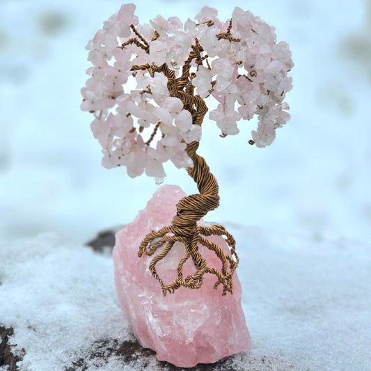 Handmade Rose Quartz Tree of Life sculpture with natural rose quartz stones on raw crystal base – one of a kind crystal decor