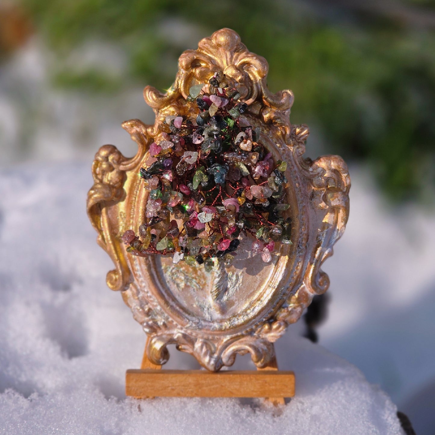 Handmade Tourmaline Tree of Life crystal sculpture with wire-wrapped gemstones in a baroque ceramic frame