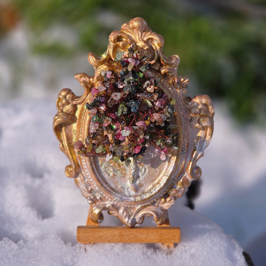 Handmade Tourmaline Tree of Life crystal sculpture with wire-wrapped gemstones in a baroque ceramic frame