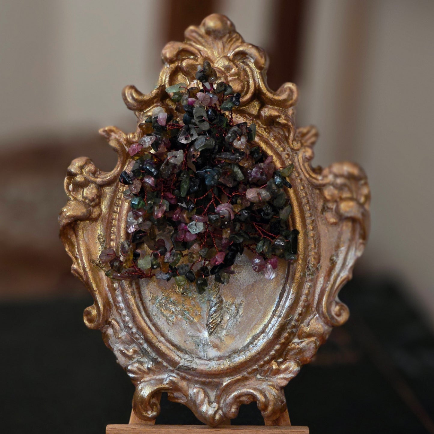 Unique handcrafted Tree of Life decor piece with natural tourmaline crystals and vintage ceramic frame