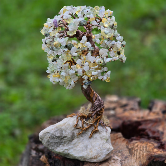 Handcrafted crystal Tree of Life detail showing agate moonstone quartz and mother of pearl stones

