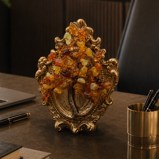 Handmade amber petite crystal tree with antique gold ceramic frame luxury home decor