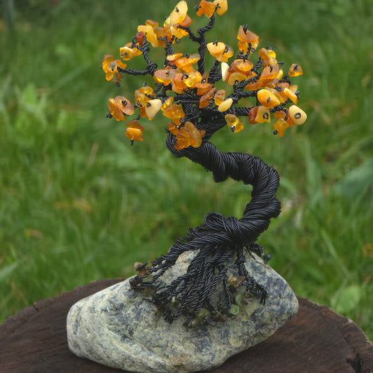 amber crystal tree with tourmaline roots handmade gemstone decor for protection and strength
