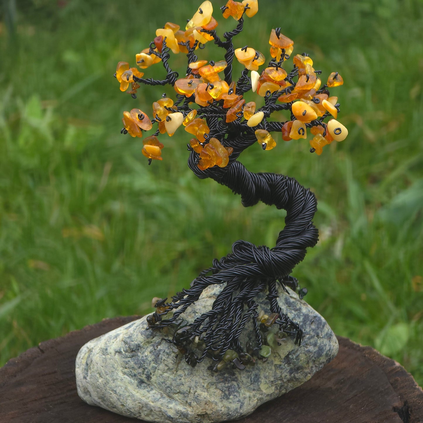 amber crystal tree with tourmaline roots handmade gemstone decor for protection and strength
