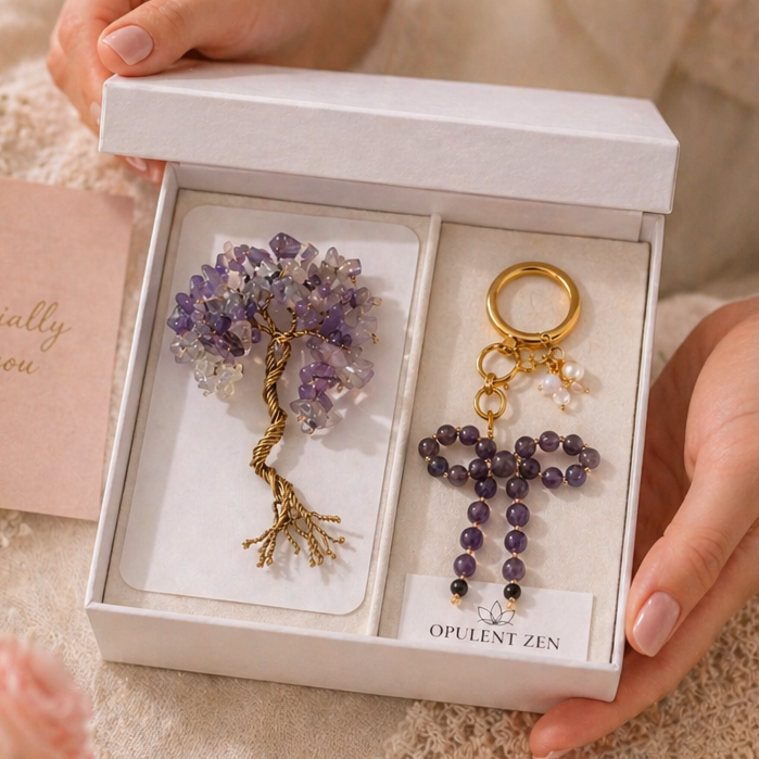 Amethyst crystal gift set for her with handmade tree of life and bag charm – luxury healing gift box for love and emotional healing