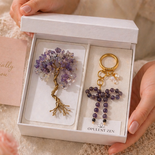 Amethyst crystal gift set for her with handmade tree of life and bag charm – luxury healing gift box for love and emotional healing