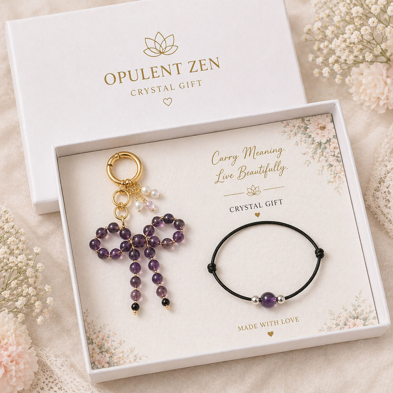 amethyst crystal gift set for her with bracelet and bag charm in luxury box