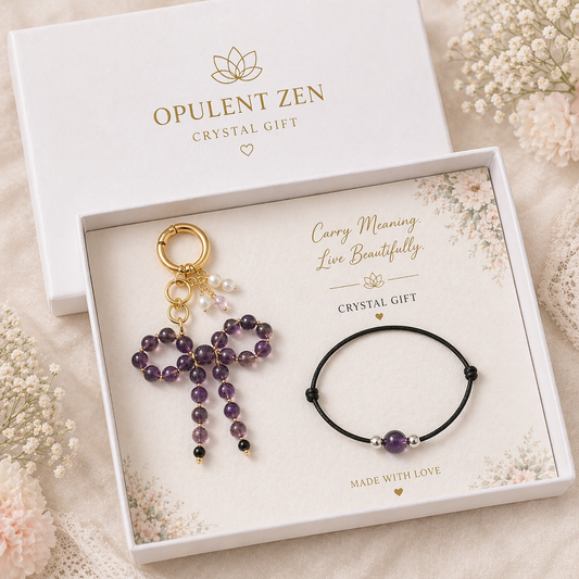 amethyst crystal gift set for her with bracelet and bag charm in luxury box