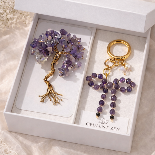 amethyst crystal gift set handmade tree of life card and luxury bag charm spiritual gift for her