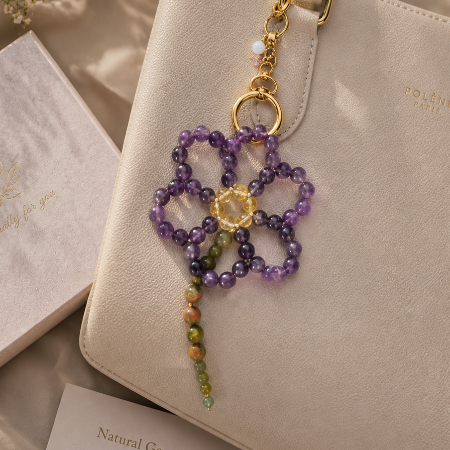 amethyst flower bag charm gift for her protection calm handmade gemstone jewelry