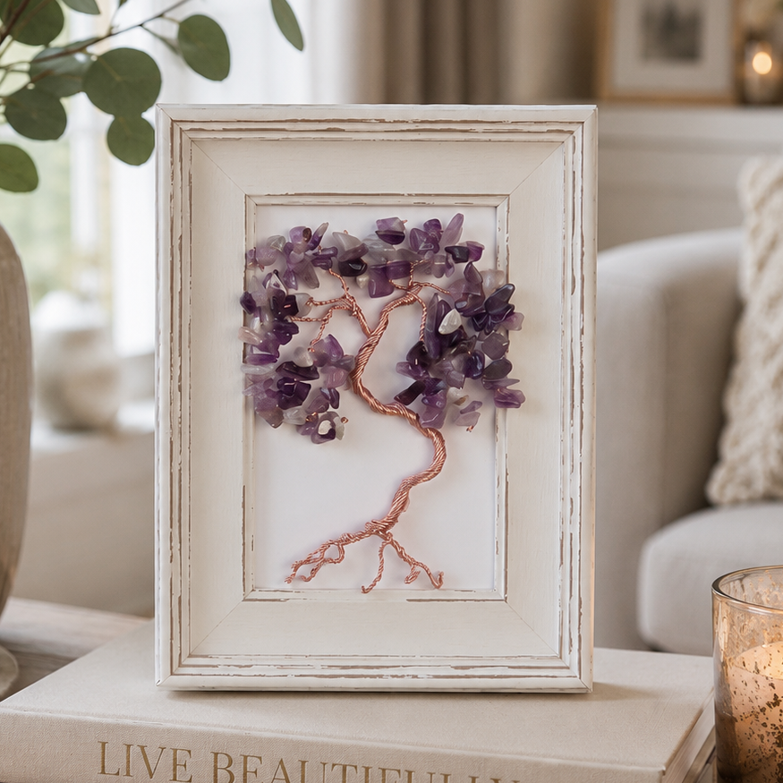 Handcrafted Amethyst Tree of Life wall art displayed in an elegant modern interior with natural gemstones