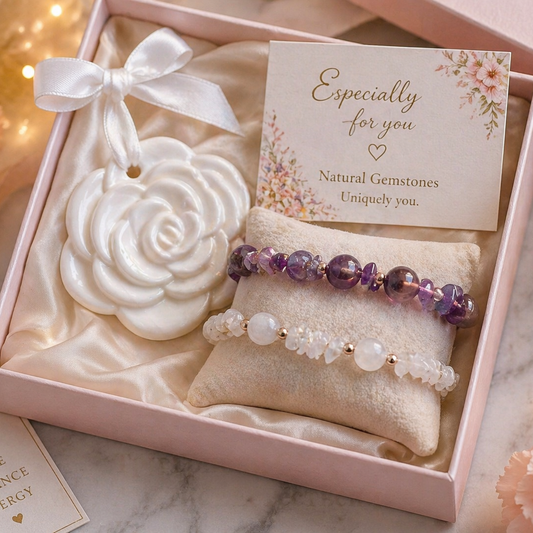 anxiety relief gift set for her with amethyst and moonstone bracelets and aromatherapy rose