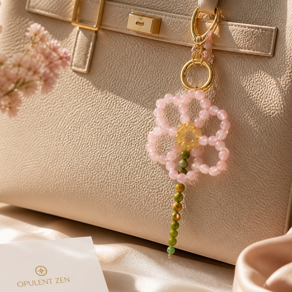 rose quartz flower bag charm phone charm gift for her love self love crystal jewelry handmade