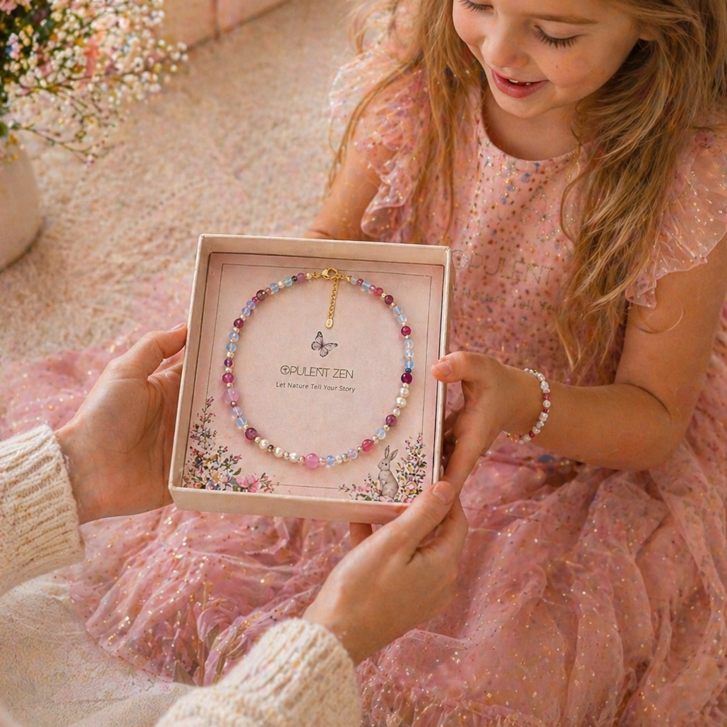 happy little girl opening a jewelry gift box, colorful gemstone necklace, perfect birthday gift for girl