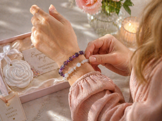 calming crystal gift set for anxiety with moonstone and amethyst bracelets luxury self care box