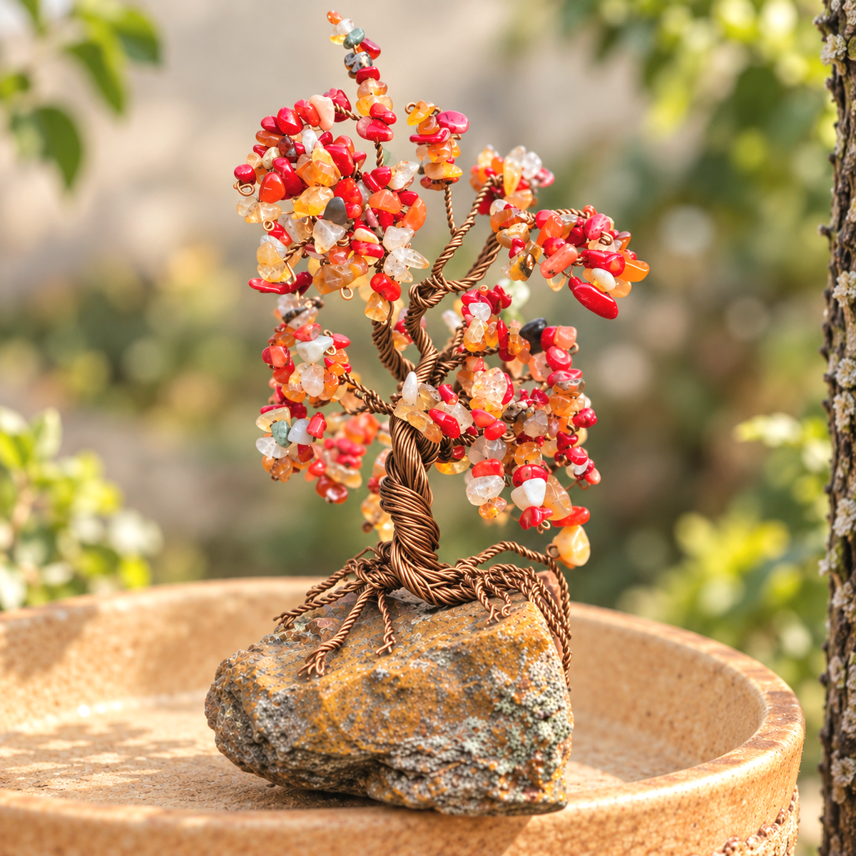 Carnelian Crystal Tree of Life with Coral on natural stone – handmade by SIVONA