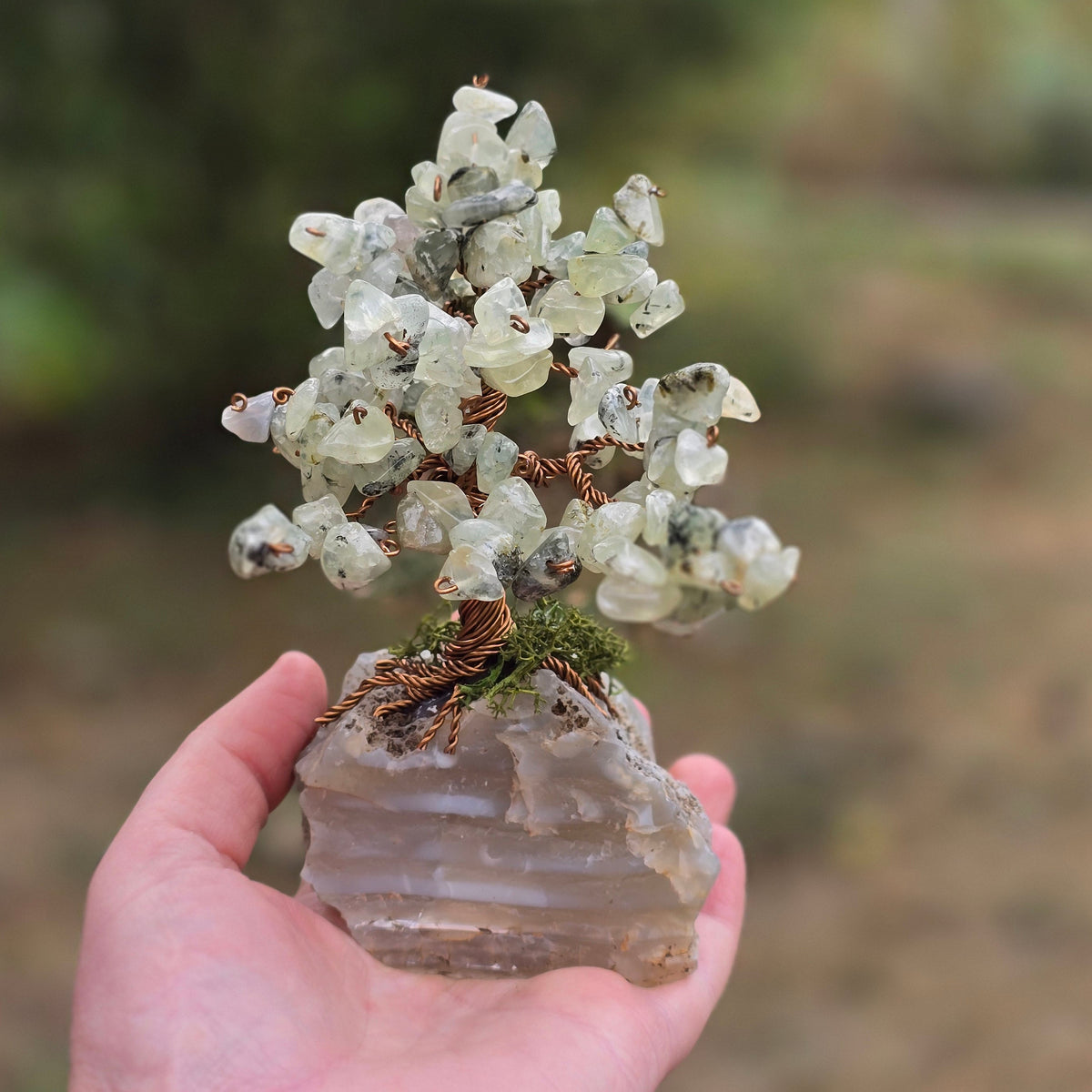 Natural Prehnite Crystal Tree of Life with copper wire branches
One-of-a-kind Prehnite gemstone tree sculpture by OpulentZen