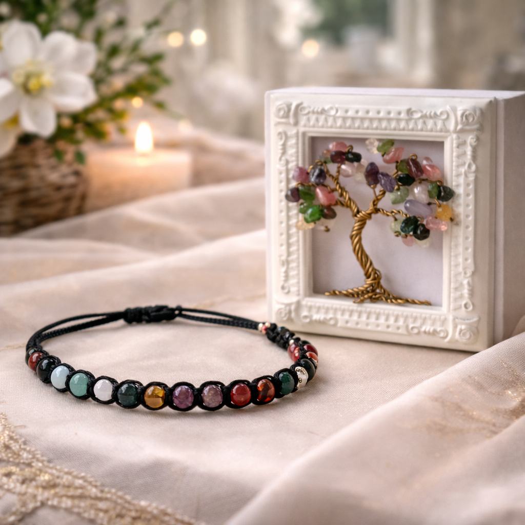 7 chakra healing bracelet with natural gemstones and Tree of Life gift set