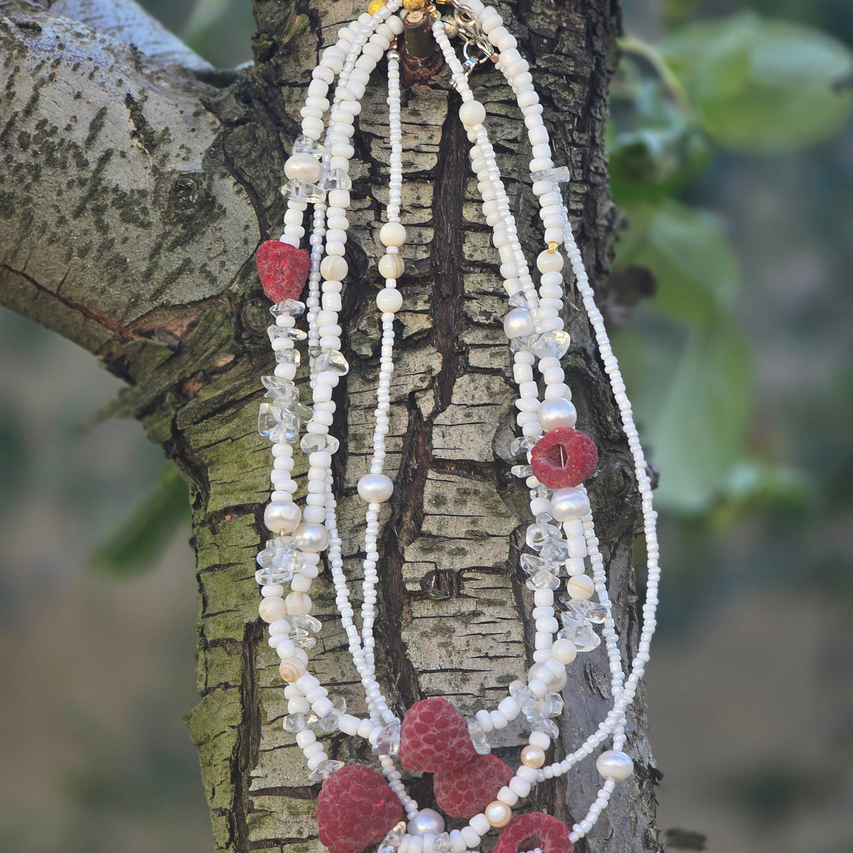 Choker with three realistic polymer clay raspberries