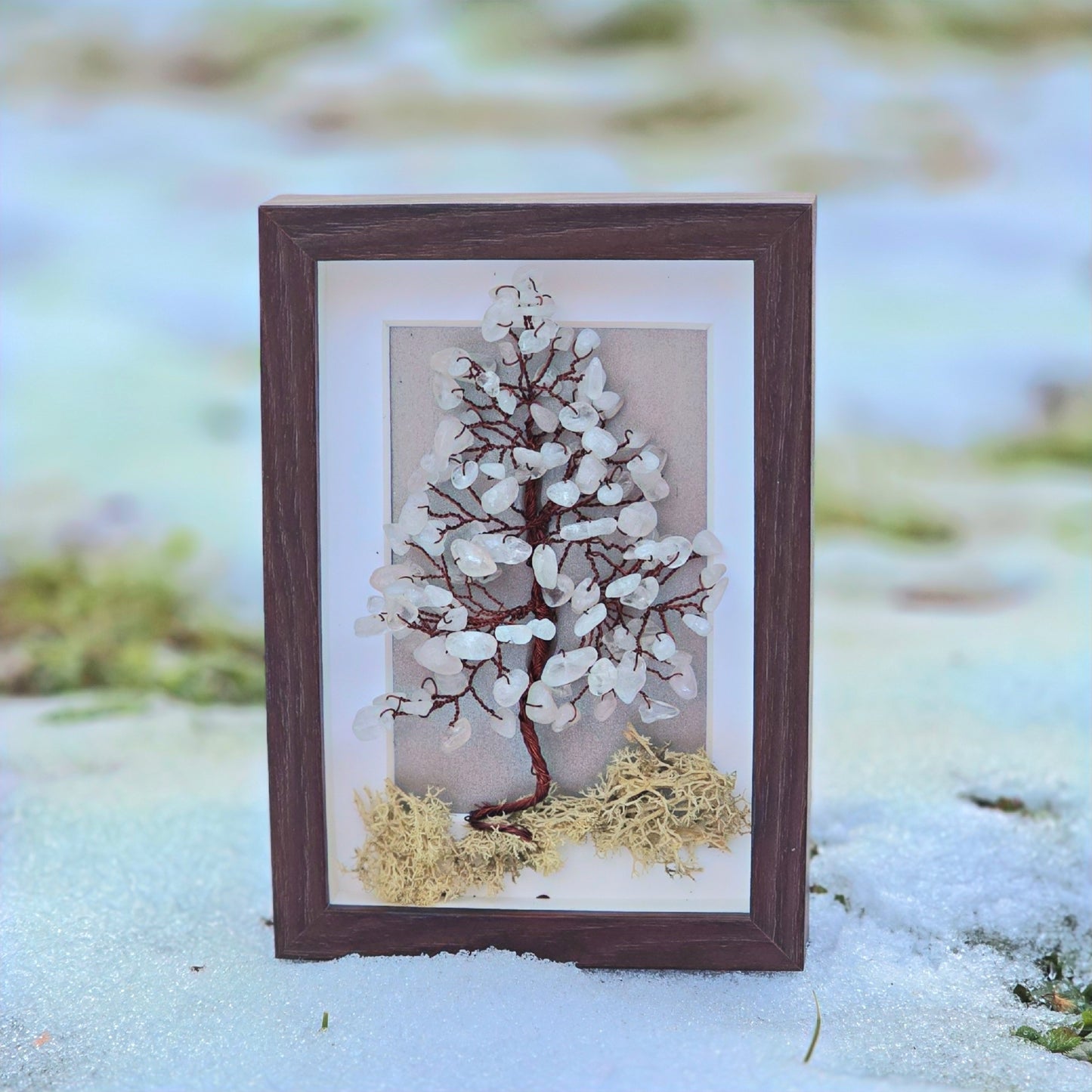 clear quartz crystal tree decor in wooden frame for home protection and calm energy
