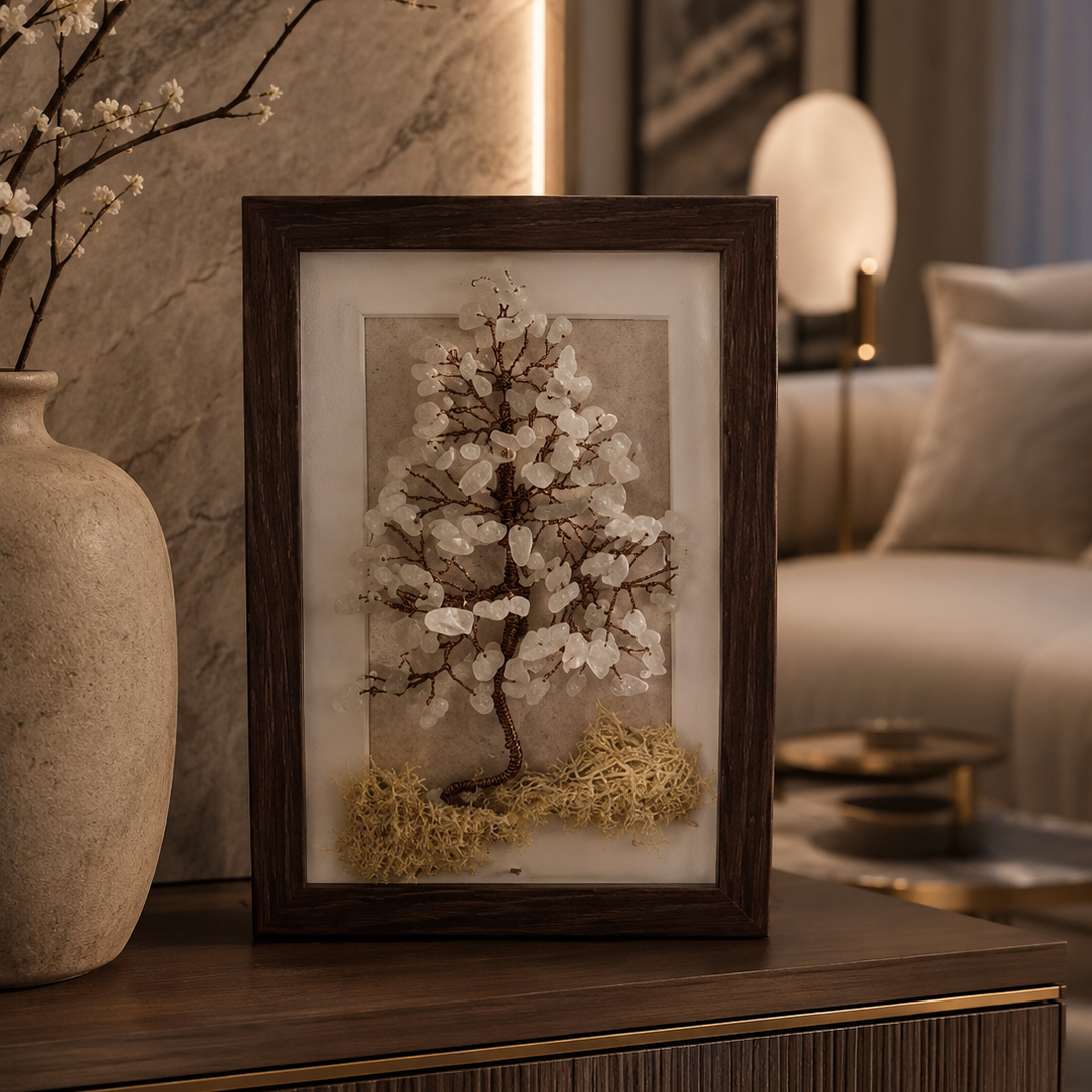 handmade clear quartz crystal tree of life in wooden frame spiritual home decor for protection calm and feng shui energy