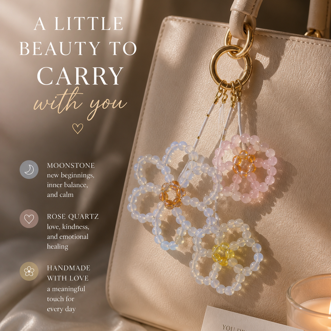 crystal flower bag charm gift set with moonstone and rose quartz, luxury meaningful present